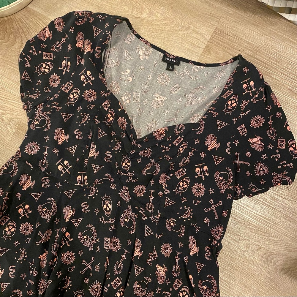 Torrid Black Dress with Pink Memento Mori Pattern